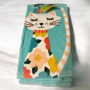 Turquoise Floral Cat Kitchen Towel